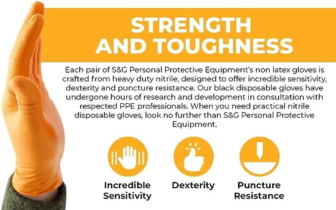 S&G Orange Nitrile Gloves Disposable Latex-Free 8Mil Thick Heavy Duty Powder-Free for Mechanics, Industrial |1000 Pcs | XL