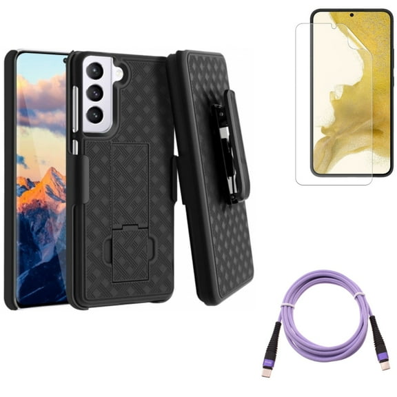 For Samsung Galaxy S21 (6.2") - Swivel Holster Case Belt Clip   Long Charger Cord Type-C to USB-C Purple 6ft PD Cable   Anti-Glare TPU Film Matte Screen Protector