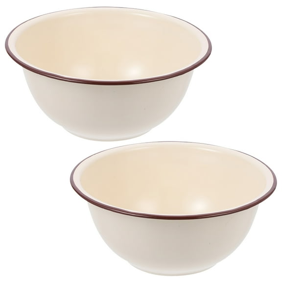 DINHEAROM Kitchen Enamel Bowl 2Pcs with Deepened Edge for Cooking and Food Storage in Beige Color