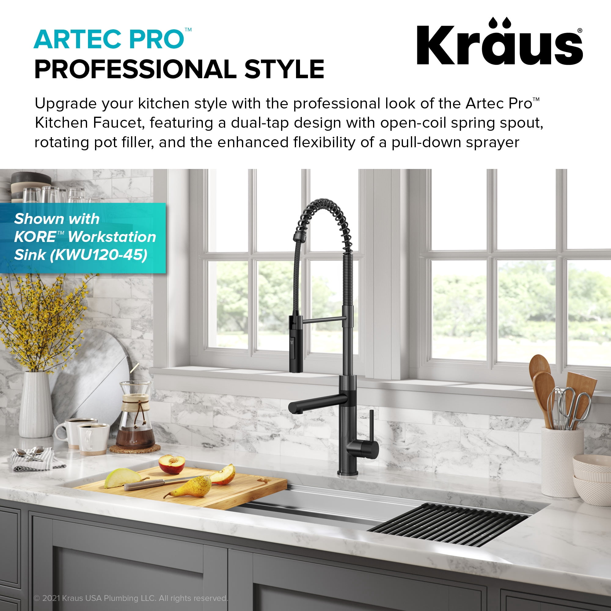 Kraus Artec Pro Commercial Style Pull-Down Single Handle Kitchen Faucet with Pot Filler in Matte Black / Spot Free Black Stainless Steel
