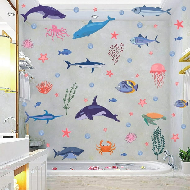 Sea World Peel And Stick Wall Decals Fishes & Sea Plants PVC Stickers  Cartoon Home Window Wall Art 