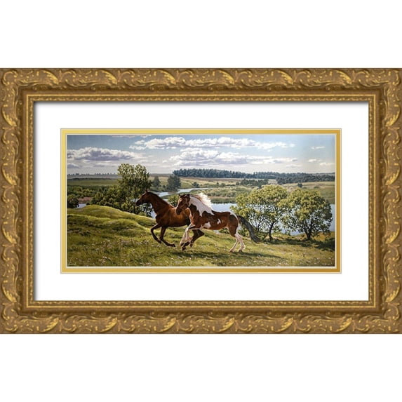 Adamov, Alexey 24x14 Gold Ornate Wood Framed with Double Matting Museum Art Print Titled - Horses by River Volga