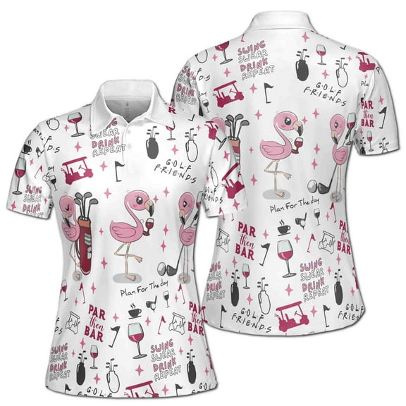 Flamingo Golf And Wine In Black Seamless Funny Women 3D Women Polo Size S-5XL
