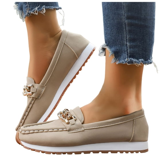 Rokment Women's Vintage Memory Foam Walking Slip on Penny Loafers Dress Shoes Comfortable Leather Oxfords Flat Office Non Slip Work Boat Shoes for Woman Beige Size 6.5