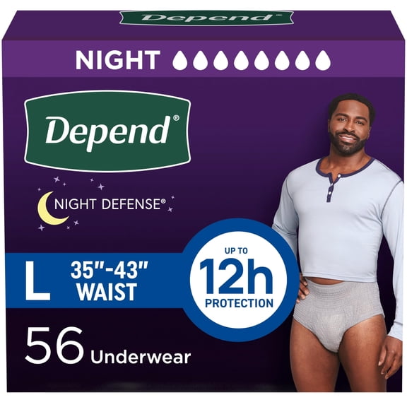 Depend Night Defense Adult Incontinence Underwear for Men, Disposable, Overnight, Large, Grey, 56 Count (4 Packs of 14), Packaging May Vary