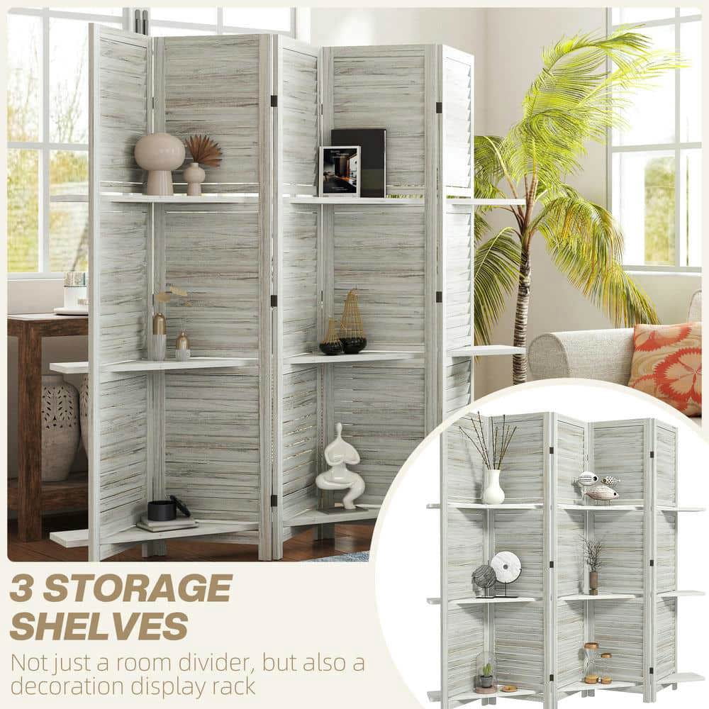 Spaco 5 Panel 67" Tall Wood Privacy Screen, Room Divider with 3 Shelves and Folding Storage for Indoor as Living Room, Entryway, White