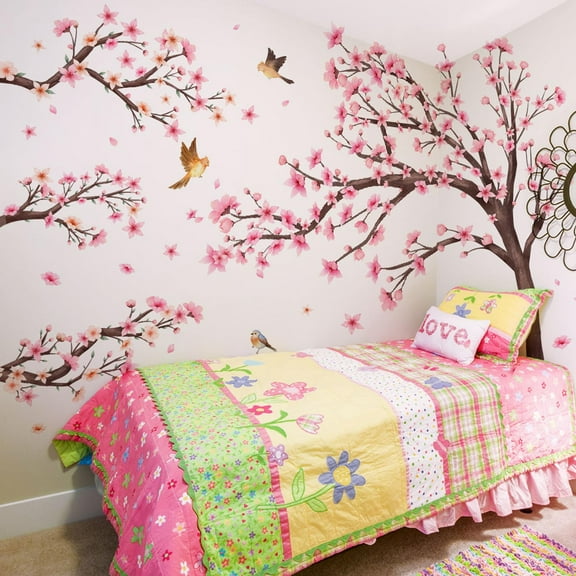 Large Cherry Blossom Tree Wall Stickers Pink Flower Tree Wall Decals for Girls Kids Bedroom Nursery Living Room TV Wall Decor