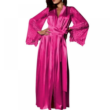 

Women Sexy Satin Kimono Robe Long Bridesmaid Wedding Bath Robe with Lace Trim Solid Color Plus size