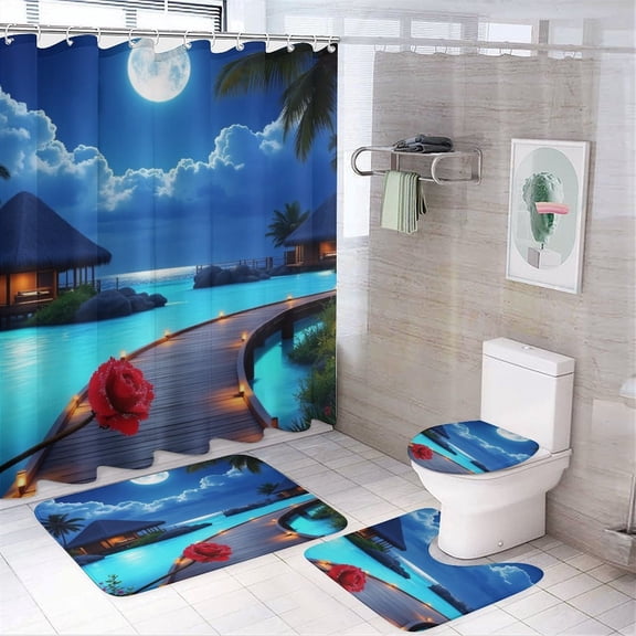 Tropical Night Paradise Shower Curtain Set Modern Bathroom Decor Mats 4pcs Fabric Bathroom Curtain Slip Floor Rug Toilet Lid
