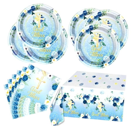 Bestwell Blue God Bless Dining Set, First Communion Includes 20 Plates, 20 Napkins, and a 51'' x 86'' Tablecloth, Perfect for Baptisms and Church Events