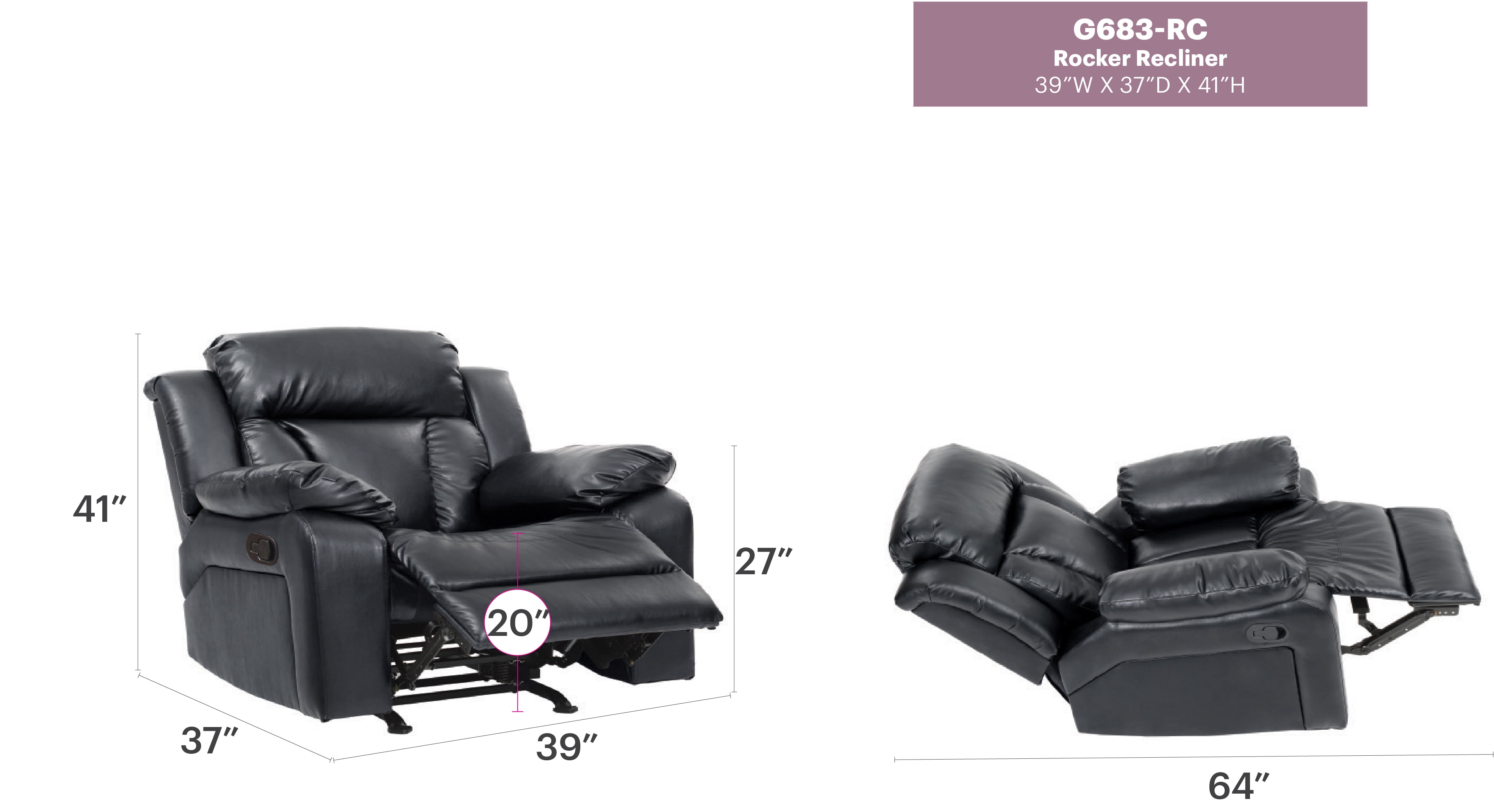 Glory Furniture Daria Rocker Recliner in Black Color