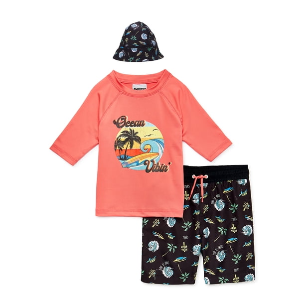SWIMFIX Toddler Boy UPF50+, 3PC Short Sleeve Rashguard, Swim Trunk and