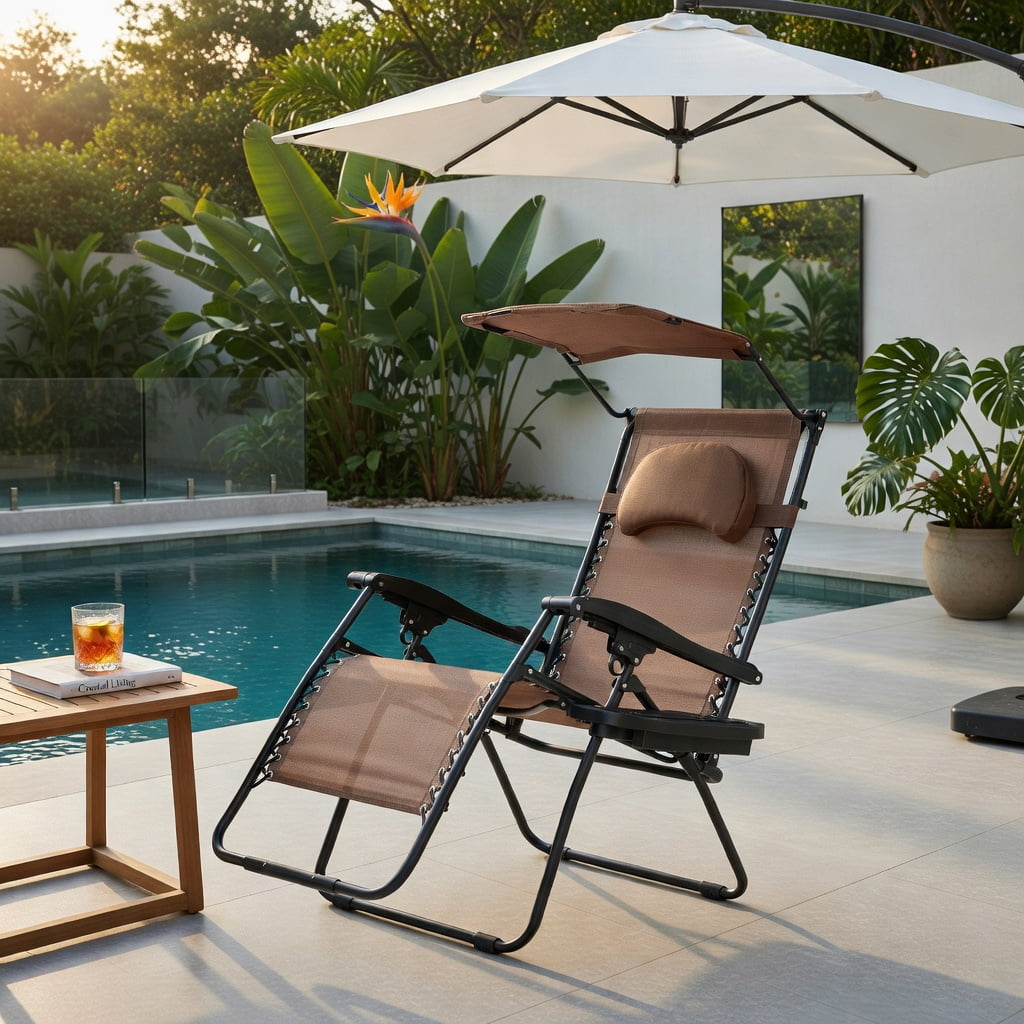 Hommoo Folding Recliner Lounge Chair with Adjustable UV-Protective Shade Canopy, Removable Headrest & Cup Holder, Steel Frame, Brown
