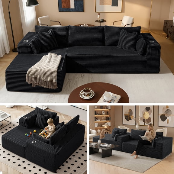 3 Seats Boneless Modular Cloud Sectional Sofa with Chaise, Extra-Wide Deep Seats Plush Corduroy Sleeper Soft Couch for Modern Living Rooms, Small Spaces & Apartments (Black, 108"-L Shape Left)