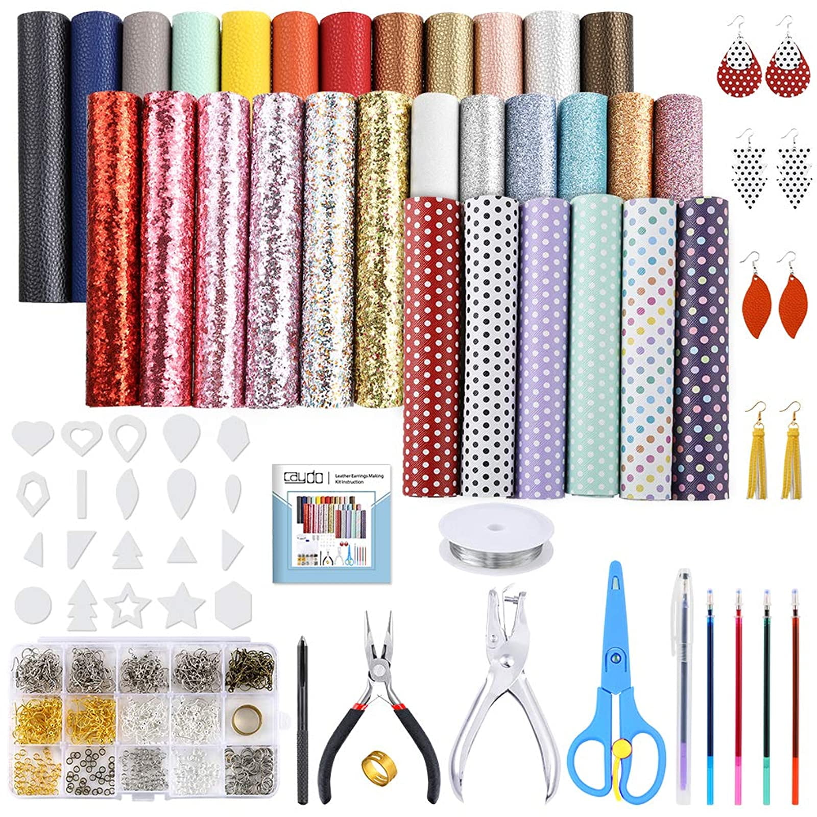Instructions Caydo 16 Pieces 6.3 x 8.3 Embossed Leather Earring Making Kit with 4 Style Leather Sheet Jump Rings for Earrings Making Supplies Earring Hooks