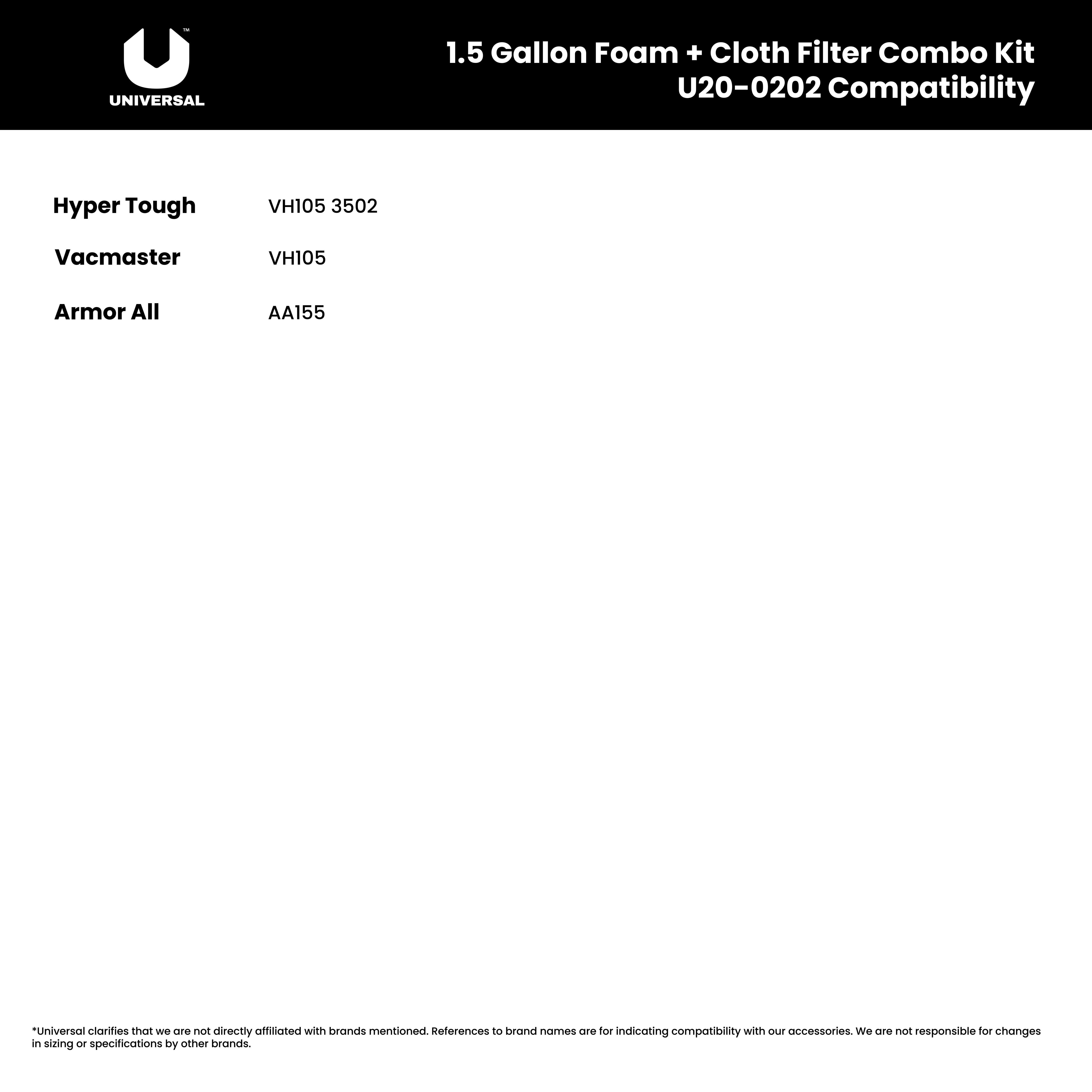 Universal Combo Cloth Filter + Foam Filter 1 Pack, Fits 1.5 Gallon Wet/Dry Vacuum Cleaners