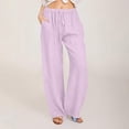 thumbnail image 2 of Lenpel Linen Pants for Women Cotton Elastic High Waisted Pleated Straight Leg Casual Pants Loose Beach Trousers with Pockets, 2 of 5