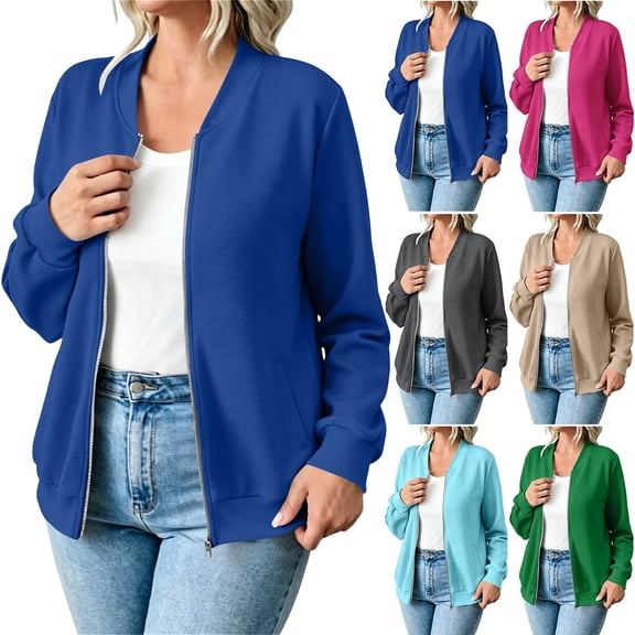 Windproof Workwear Utility Coat Women's Solid Color Casual Sporty Winter/Outerwear Fashion Zippered Long Sleeve Pocket Sweatshirt Blue L