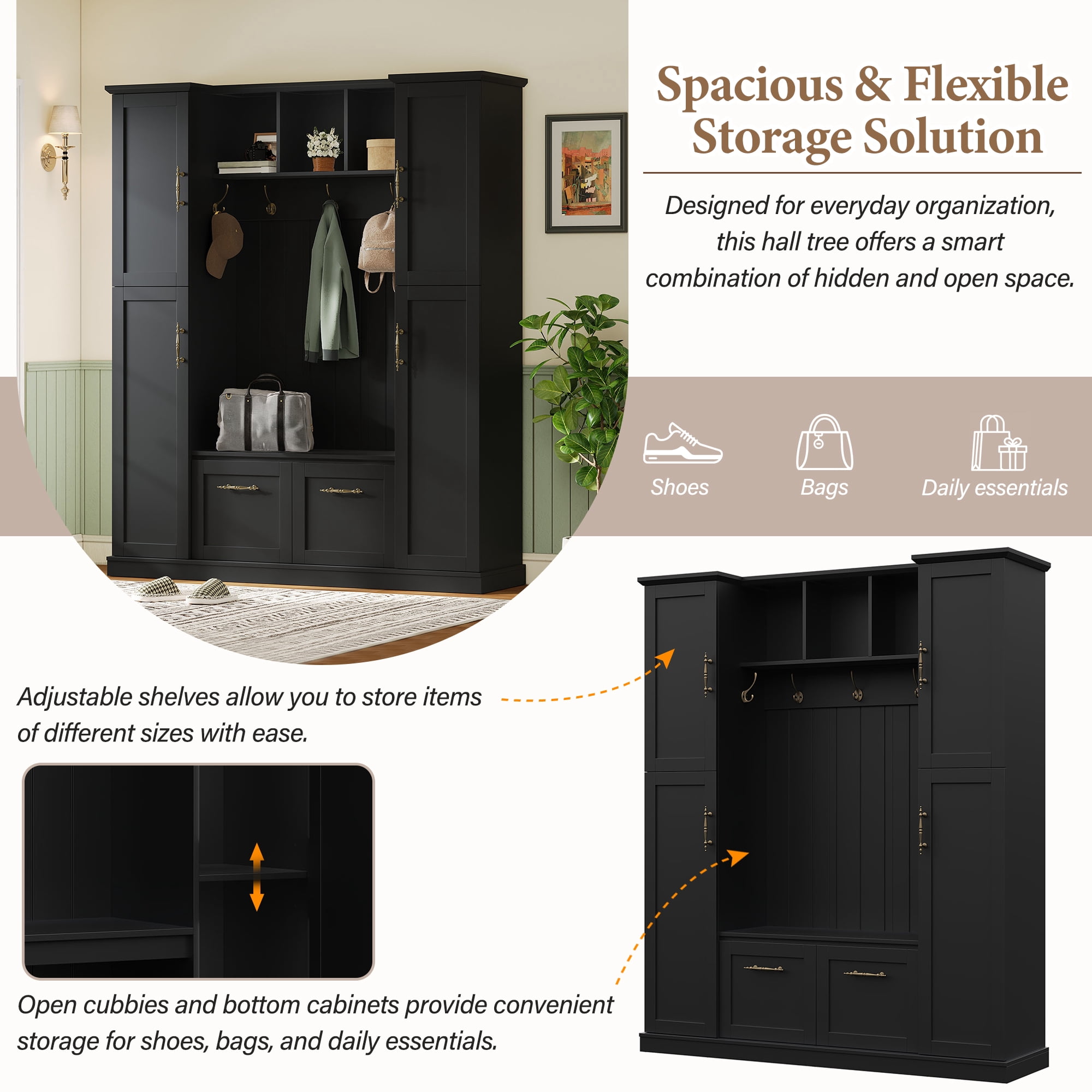 Aukfa 3-in-1 Large Hall Tree with Storage Bench, Mudroom Entryway Bench with 4 Side Cabinets & 5 Hooks,Black