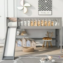 MAYEERTY Full Size Low Loft Bed with Ladder and Slide,Gray
