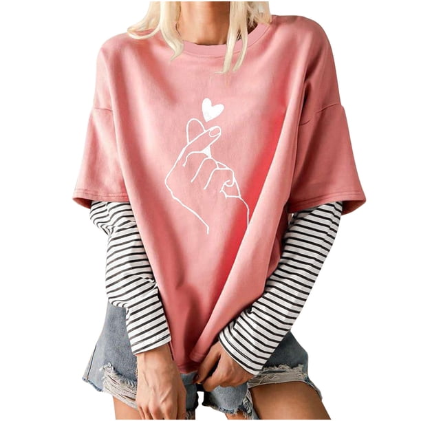 Blusa de manga larga de dos pines falsos con empalme a rayas y cuello redondo para mujer Pompotops gfhjh19678