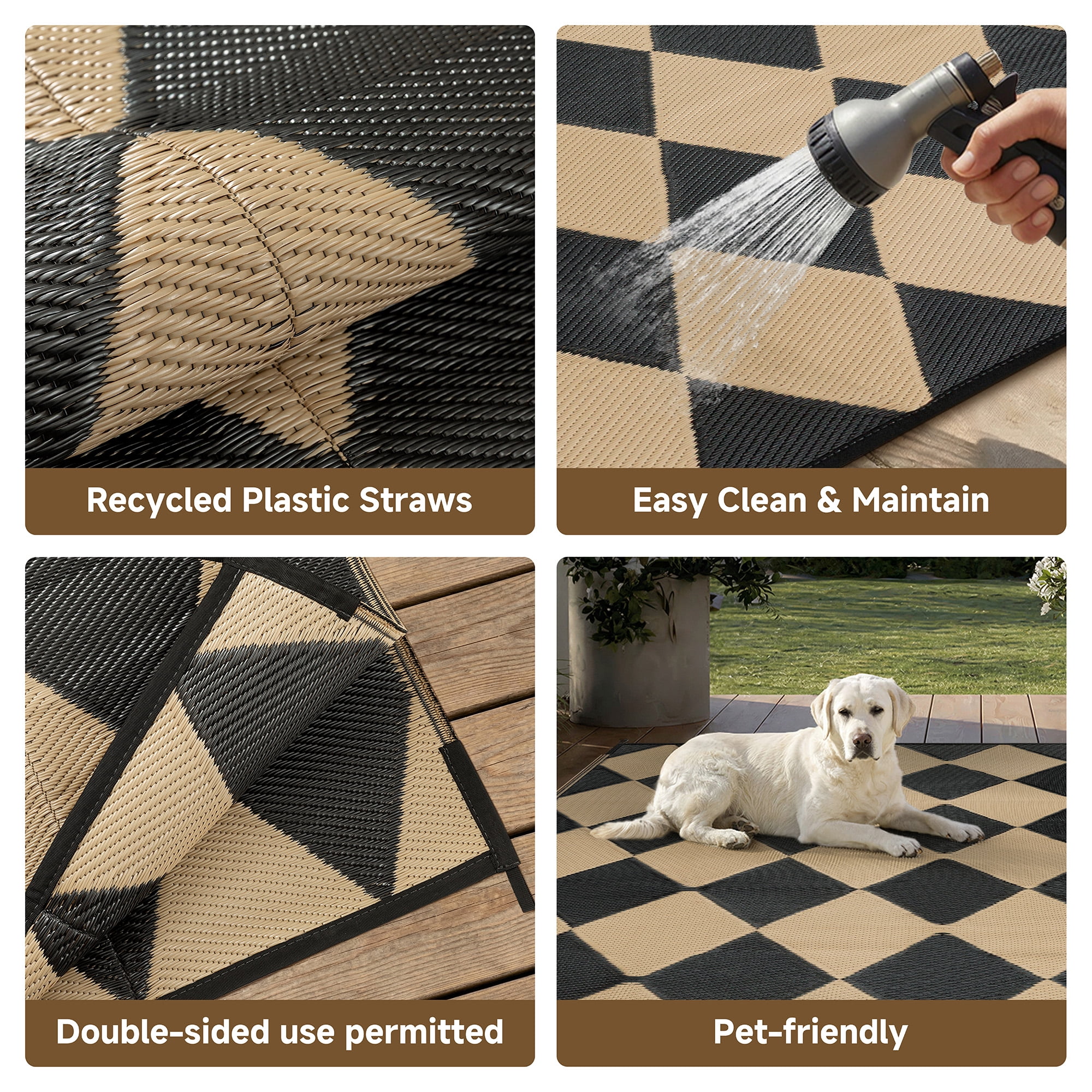 BERTHMEER 5'x8' Outdoor Rugs Waterproof Plastic Rugs Checkered Patio Rugs Straw Rugs Camping Rugs, Porch,Deck Rugs, RV Rugs for outside, Black & Brown