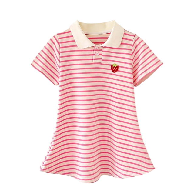 Zpanxa Robes d'Été pour Filles à Manches Courtes Col Doux Rayé Académique Polyester Robe Princesse Rose 2-3 Ans