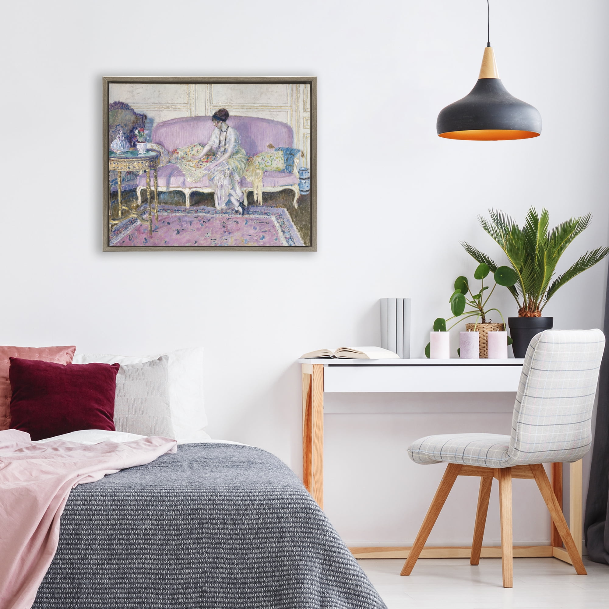 Woman Seated on Sofa Brown Framed Floater Canvas Wall Art, design by Wild Apple Portfolio