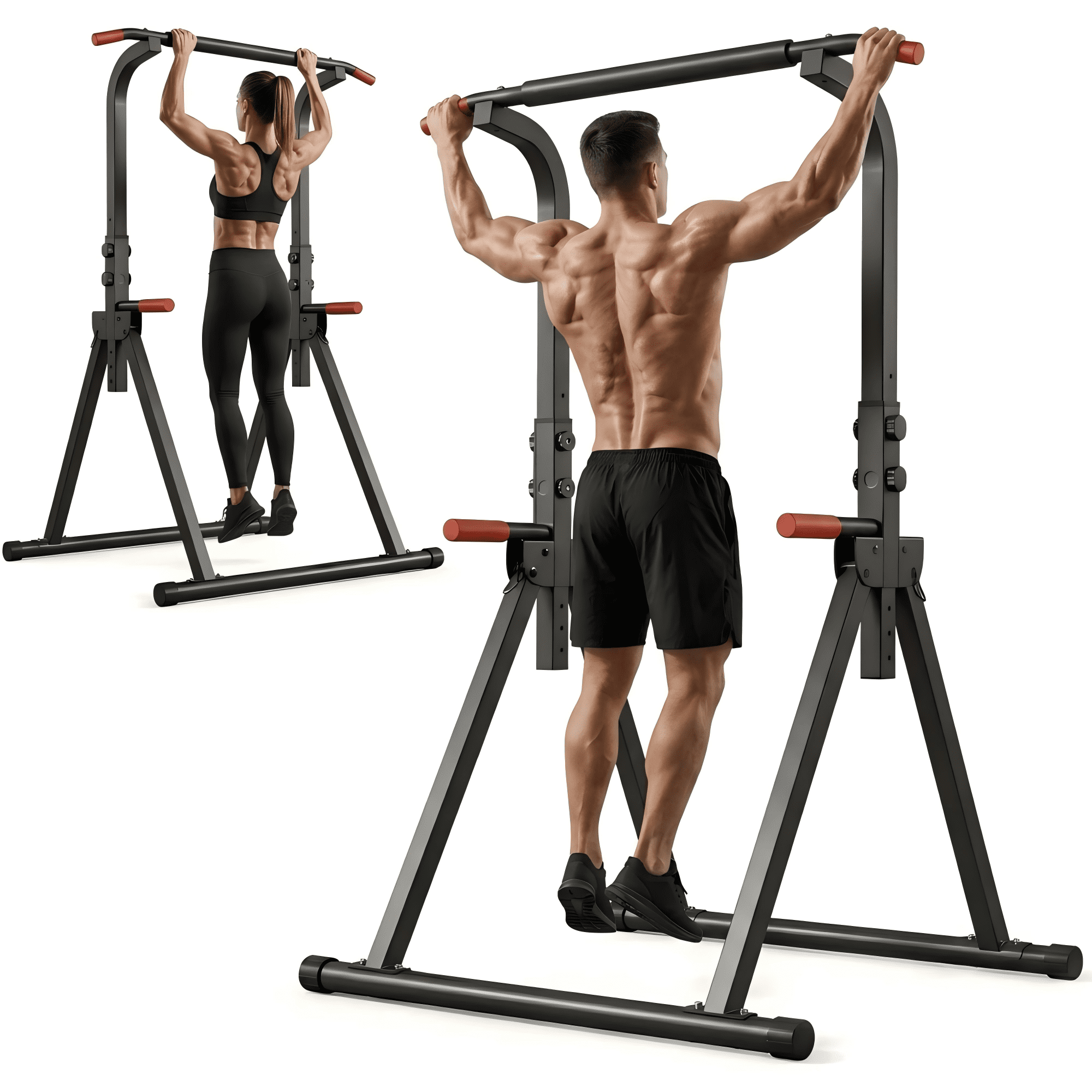 Leumius Foldable Pull Up Bar Standing Power Tower,Multi-Function Dip Station, 6-Level Adjustable Height Strength Training Fitness Equipment for Home Gym,440lbs Max,Black+Red