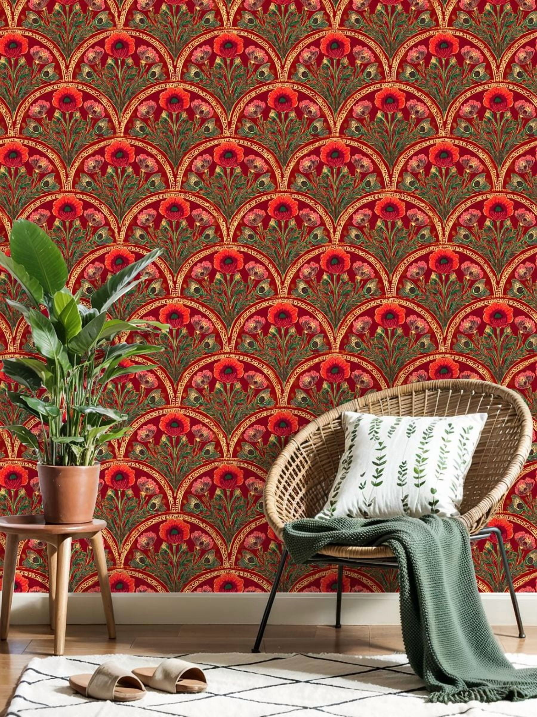 Peel and Stick Wallpaper Vibrant Floral Art Nouveau Rich Red Gold Accents Wall Mural 17.7in x 9.8ft Self Adhesive Removable Wall Paper Renter Friendly Wallpaper for Bedroom Livingroom Office