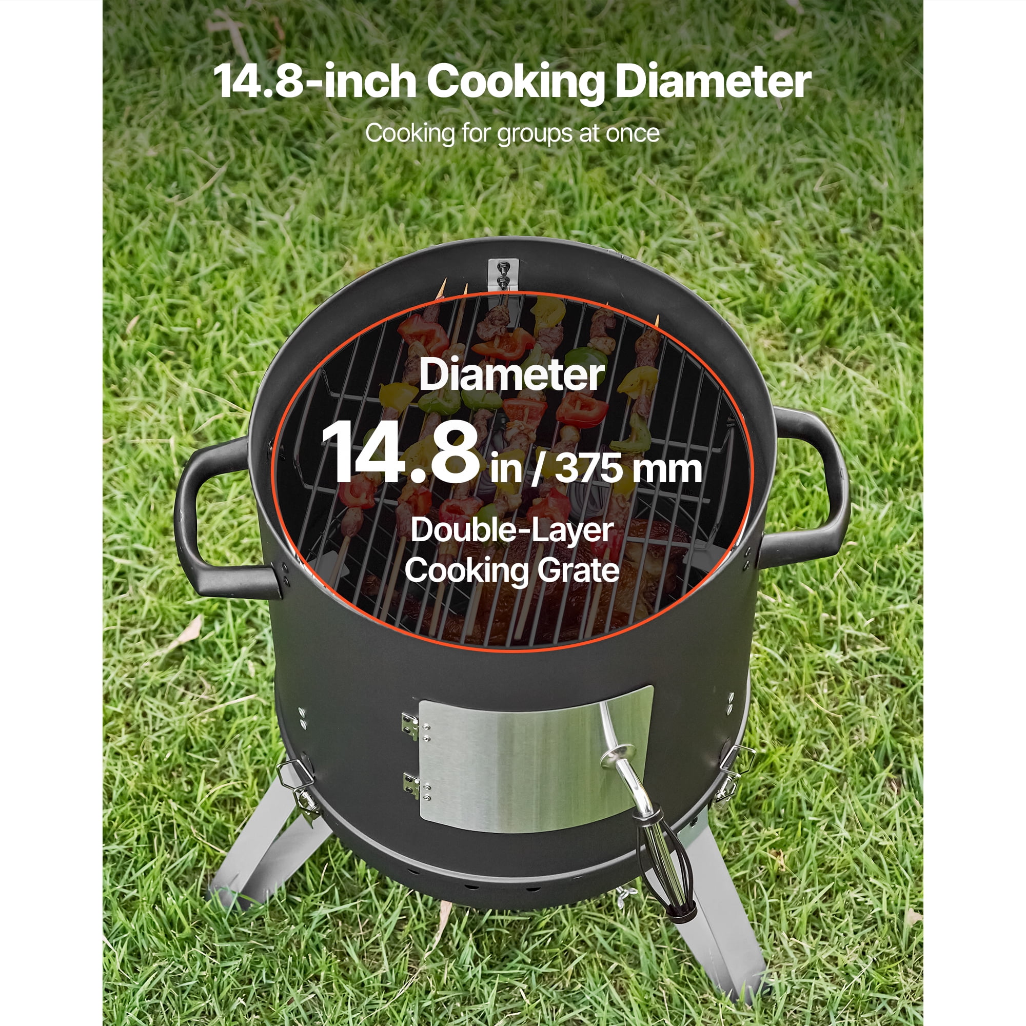 KFFKFF 16" Vertical Charcoal BBQ Grill, Coated Steel Smoker with Dual Grates, Built-in Thermometer, Adjustable Air Vents, and Removable Ash Tray, Perfect for Outdoor Cooking and Gatherings