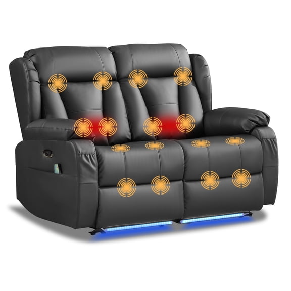 QJTC Power Zero Wall Hugger Loveseat Recliner with Massage & Heat, 2‑seat Recliners Sofa with LED lights, USB & Cup Holders for Home Theater RV, Black