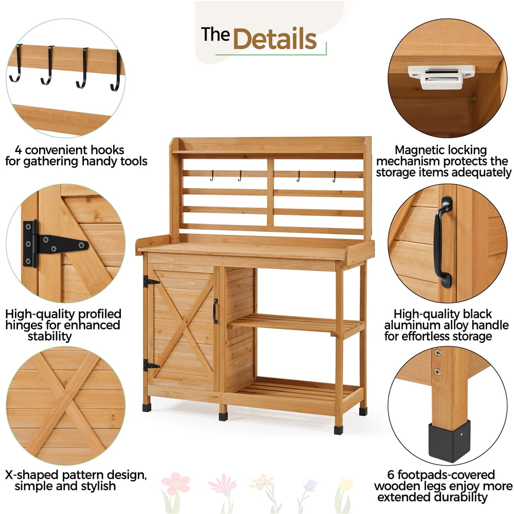 Renwick 4-layer Garden Work Bench with Cabinet & Open Shelf, Wood