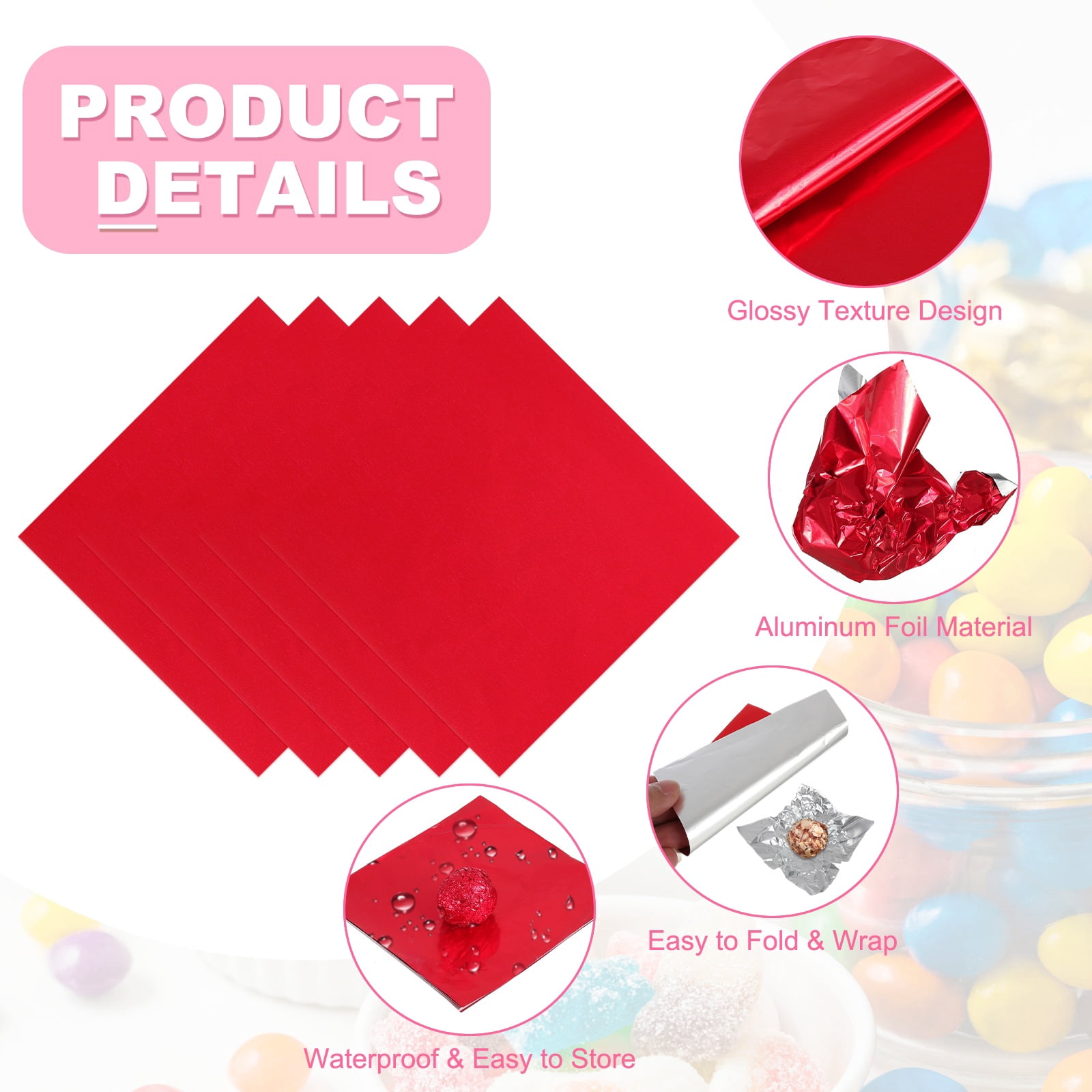 Uxcell 200 Pcs Candy Foil Wrappers, 7.87 x 7.87 Inch Aluminium Foil Chocolate Bar Square Wrappers for Tea Brownies DIY Packaging Wedding Party Decoration, Red
