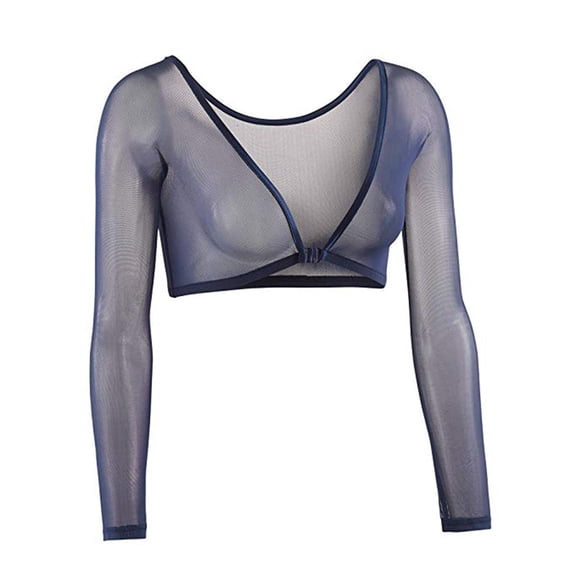 Qicasul Womens Plus Size Reversible Sheer Mesh Top Both Side Wear 3/4 Sleeve Crop Blouse Solid Color Layering Shirt,Navy,SIZE:L