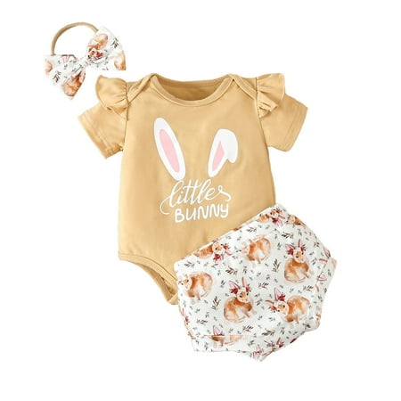 

Baby Girl Short Sets Infant Girls Short Sleeve Easter Rabbit Prints Romper Bodysuits Shorts Outfits Khaki 6-12 Months Baby Girl Outfits