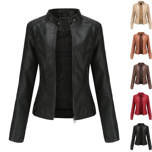 Dezsed Women's Faux Leather Belted Motorcycle Jacket Ladies Slim Leather Stand-Up Collar Zipper Stitching Solid Color Jacket Black S