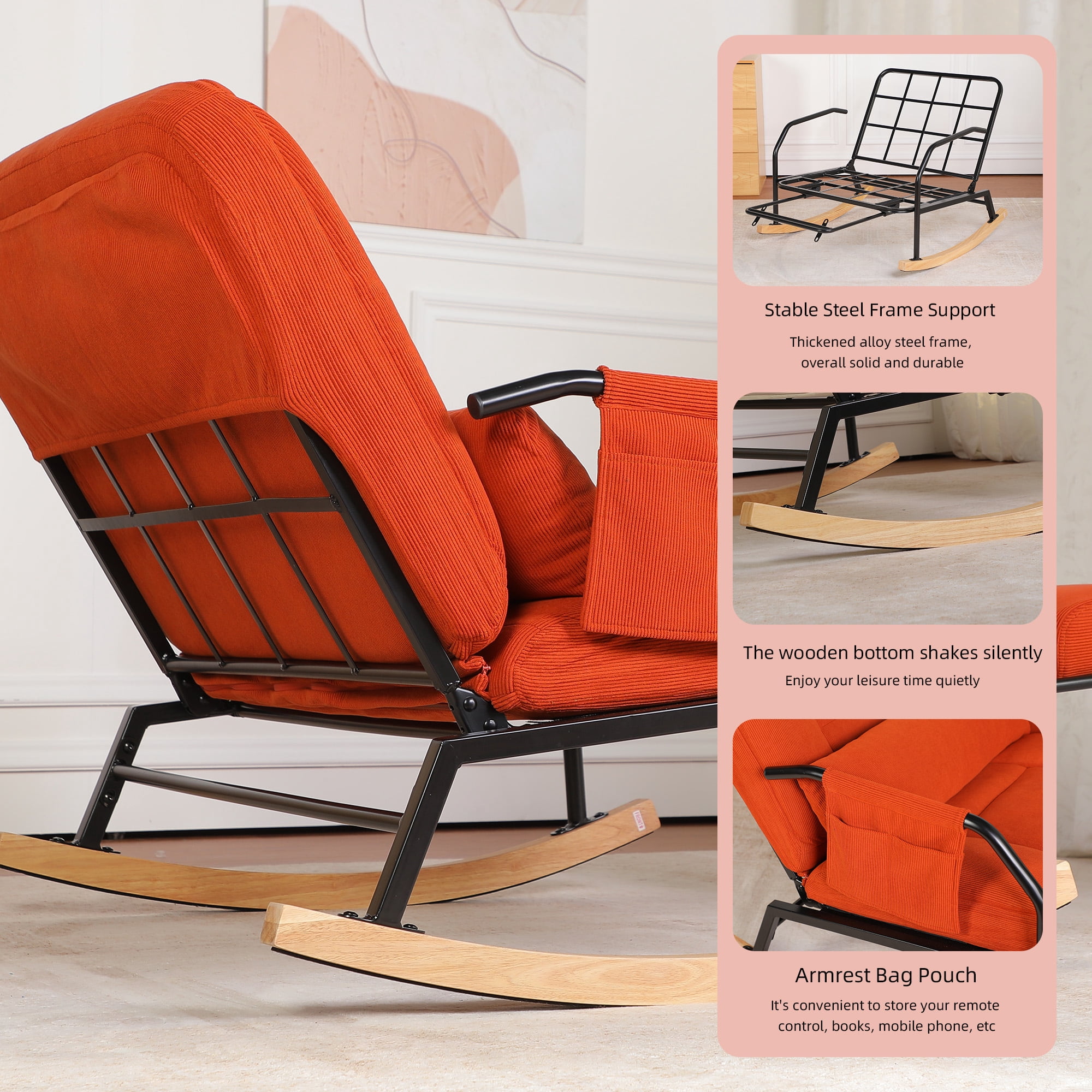Hforesty Oversized Rocking Chair with Footrest ,Rocker Glider with Metal Farm,Wooden Bottom and Adjustable Backrest for Indoor Use: Balcony, Living Room or Bedroom.(corduroy)BROWN