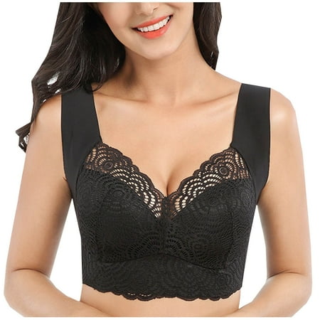 No Show Bra Women Lace Plus Size Bra No Underwire Push Up Underwear Vest-Style Sleep Bra V-Neck Seamless Bra Feature Hook and Eye Closure Balconette Bra Style Y-197   Black M