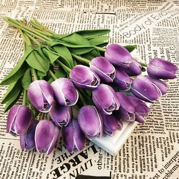 SHINE-cO LIgHTINg PU Real Touch Fake Tulips Artificial Flowers 10 Pcs Flower Arrangement Bouquet for Home Office Wedding Decoration (Purple)