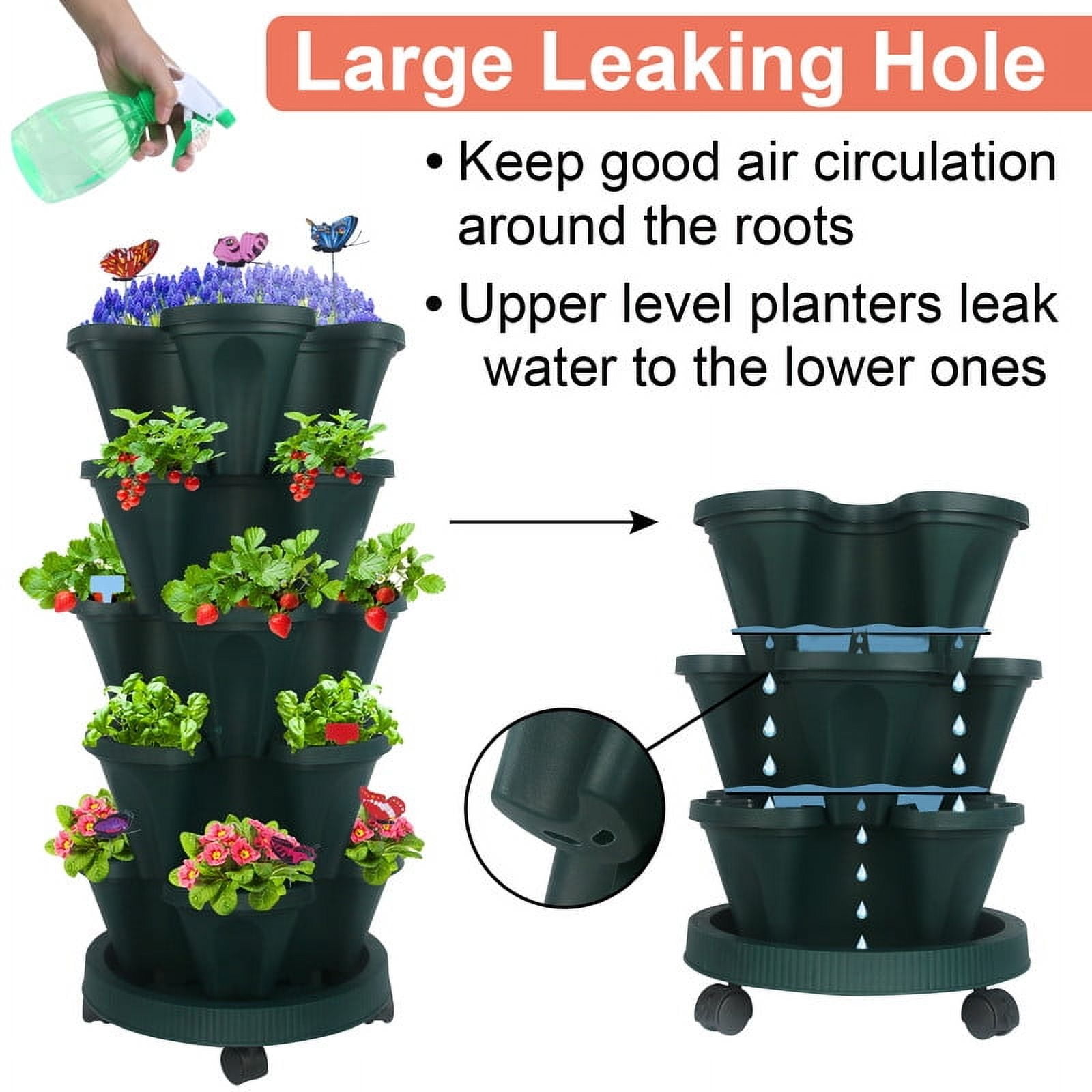 2 Pack of 5 Tier Stackable Planter Vertical Garden With Various Accessories for Vegetables, Flowers, Herbs, Succulents, Microgreen Gardening - Green