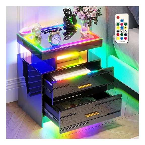 RGB Nightstand with Wireless Charging Station, LED Night Stand with Sensor Lights, Smart Bedside Table with Changing Strip Lights with ,High Gloss Side Table/Glass Top (Black)