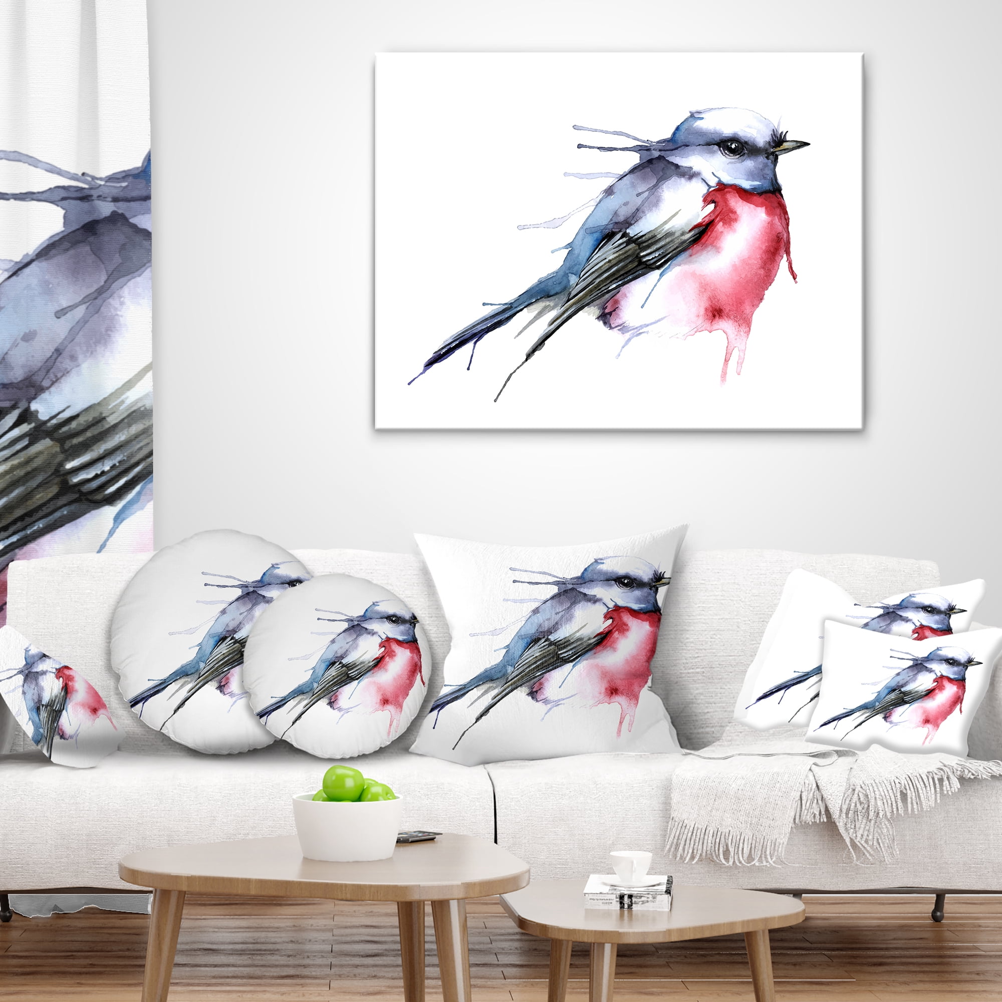 Designart Bird in Blue and Red - Watercolor Animal Throw Pillow - 18x18