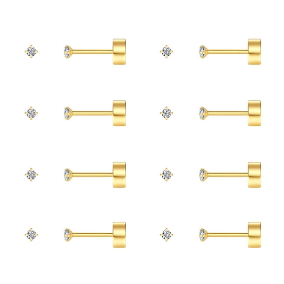 8 Pairs Tiny Flat Back Earrings for Women Men 14K Gold Plated Surgical Stainless Steel Stud Earrings Hypoallergenic Cubic Zirconia Studs Cartilage Earrings