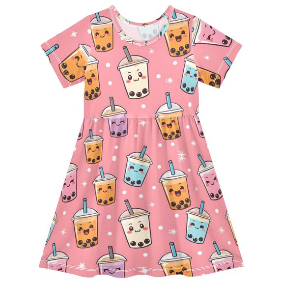 Bubble Tea Pattern Girls Short Sleeve Dress A Line Sun Protection Breathable Comfort Sundress 2T