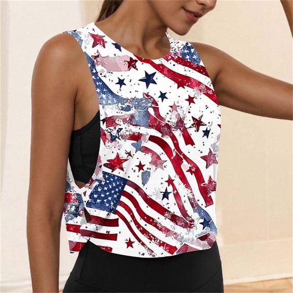 Jsaierl Womens 4th of July Tank Tops Casual Patriotic USA Flag Graphic Tees Cute Sleeveless T Shirts Camisole Athletic Crewneck Tanks S-XXL