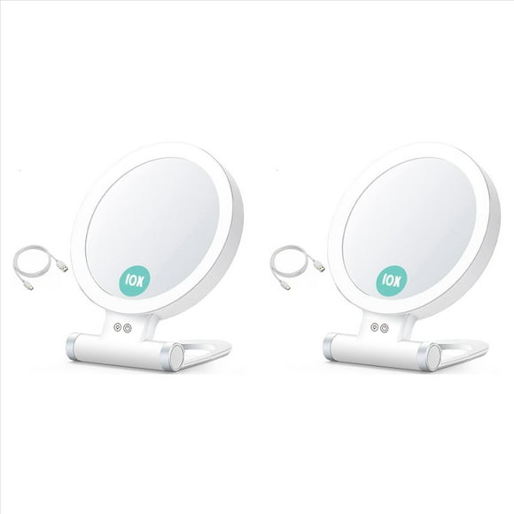 2pcs 10X Magnifying Makeup Mirror with Lights and Magnification,3 Colors Desktop LED Mirror and Vanity Mirror for Travel