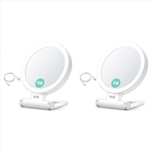 2piezas Espejo de Maquillaje con Aumento de 10 Aumentos con Luces y Aumento, Espejo LED de Escritorio de 3 Colores y Espejo de Tocador para Viajes