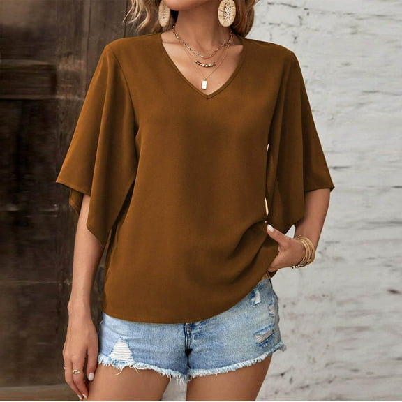 GaThRRgYP Women's Short Sleeve Tops for Summer Casual Look,Women's Loose Casual Solid Color V-neck Sleeve Short Sleeved Coffee M