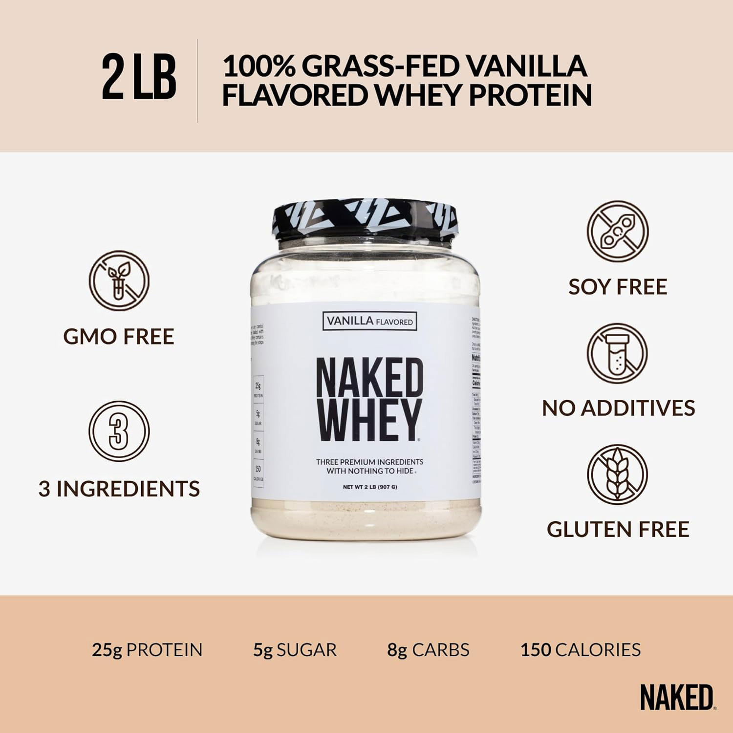 NAKED Whey Vanilla Protein Powder - Only 3 Ingredients - Grass Fed Whey Protein Powder, Vanilla Flavor, and Organic Coconut Sugar, No GMO, No Soy, and Gluten Free - 24 Servings